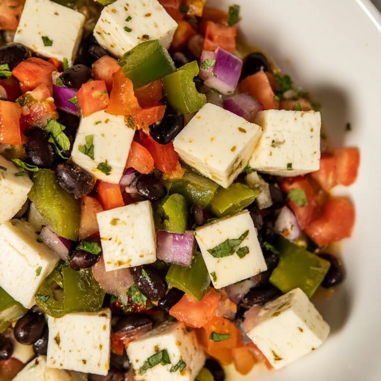 Spicy Pepper Jack cubes paired with colorful, homemade black bean salsa, perfect party bites.