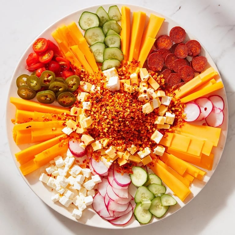 A close-up view of the spicy hot take platter with a bright chili pepper central display, ideal to share.