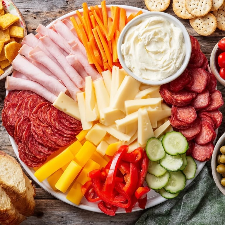 See this inviting family spread, an assortment of budget-friendly meats, cheeses and fresh vegetables.