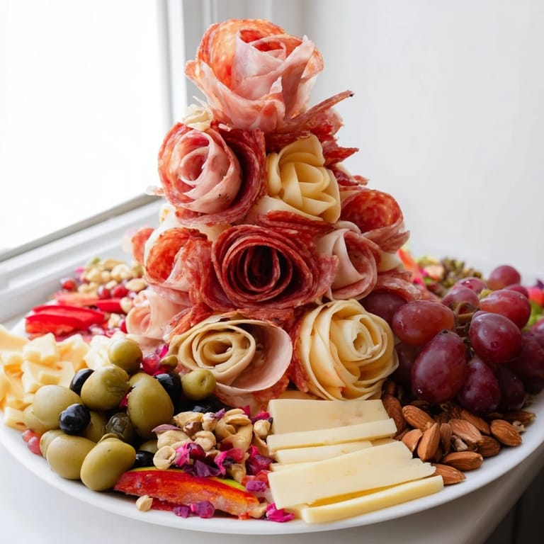 The show-stopping advanced artisan array features a beautiful arrangement of cheese, meats, and accompaniments.