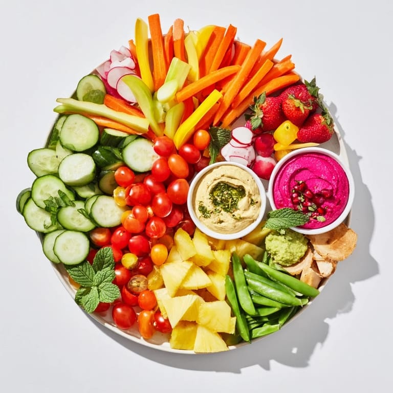 Beautifully arranged Vegan Global Gardener Platter: colorful, plant-based, and inviting with fruits, veggies, and dips.