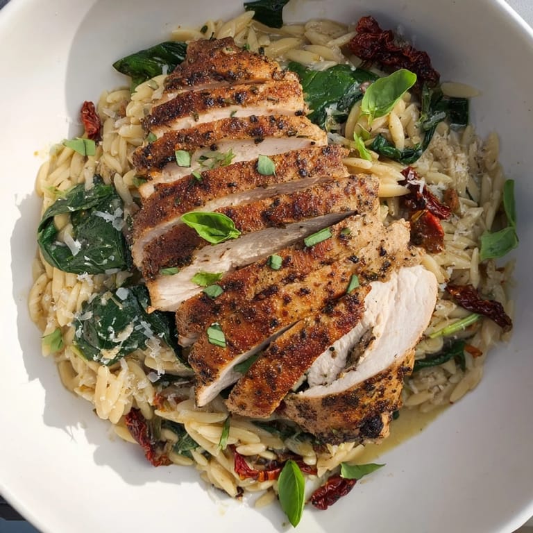 This photo depicts a one-pot Marry Me Chicken Orzo; tender chicken resting amongst creamy orzo pasta.