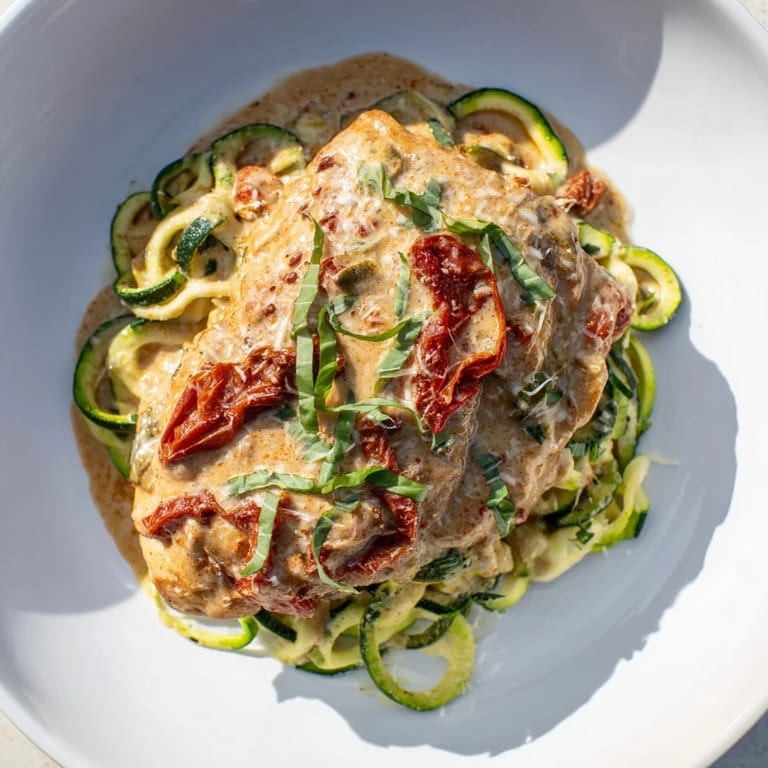 Creamy, flavorful Marry Me Chicken Zoodles: A low-carb delight with basil and parmesan cheese.