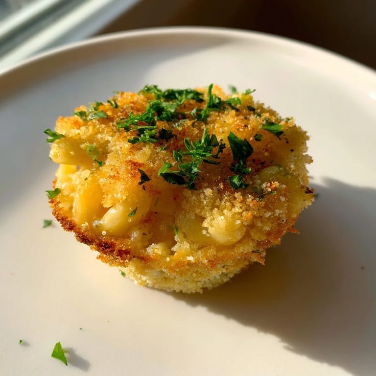 A close-up of baked Tinis Mac and Cheese muffins showcases a crispy breadcrumb topping, perfect comfort food.