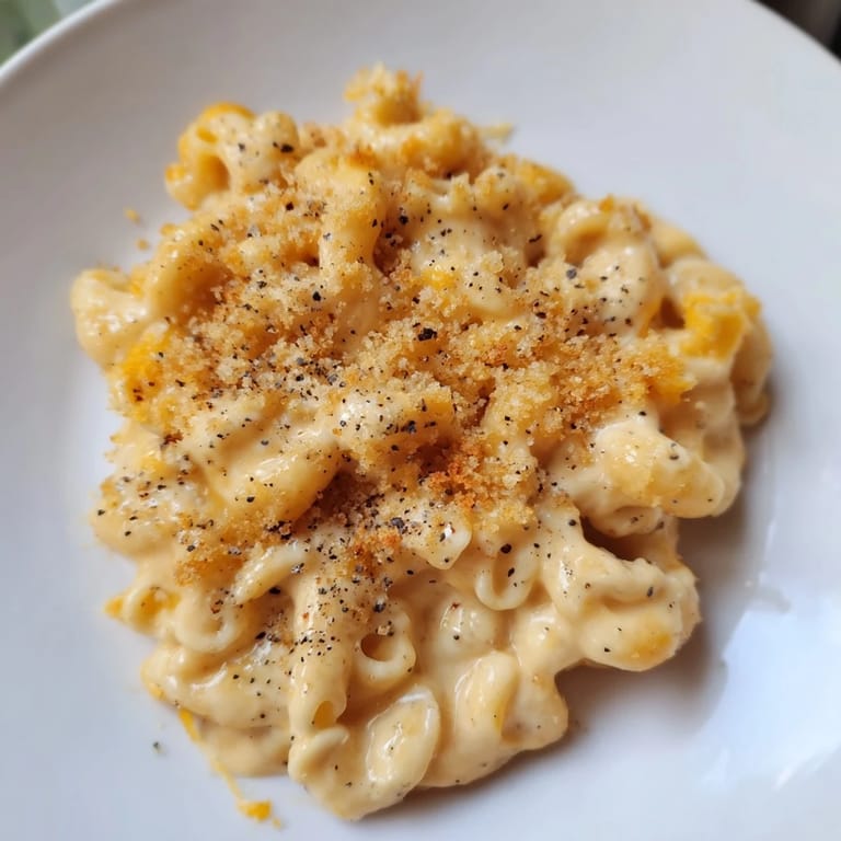 Golden brown crust on a baking dish filled with bubbling Tinis Recession Mac, a budget-friendly comfort food.
