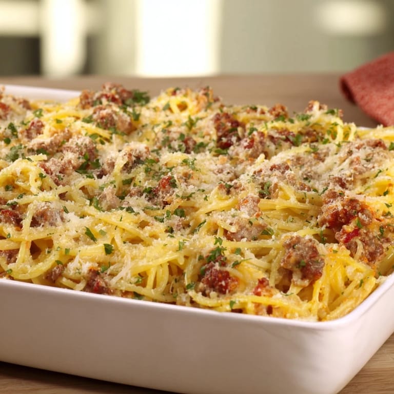 Enjoy a steaming plate of Tinis Baked Spaghetti, with layers of rich meat sauce and melted cheese for dinner.