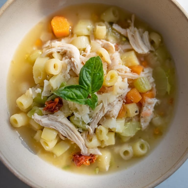 Creamy Marry Me Chicken Soup overflowing with ditalini pasta and garnished with fresh basil, ready to enjoy.