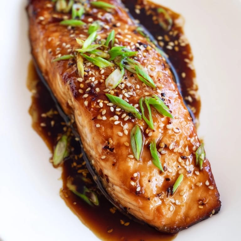 Golden-brown ginger soy glazed salmon fillets, garnished with green onions and sesame seeds; a flavorful main course.