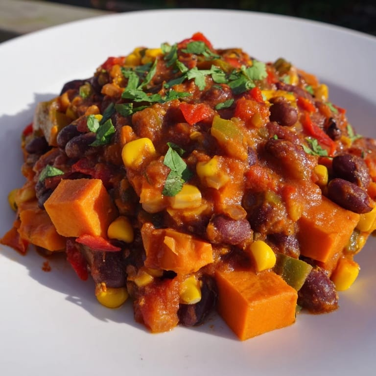 Close-up of a hearty Smoky Sweet Potato Chili, showcasing tender sweet potatoes and rich flavors.