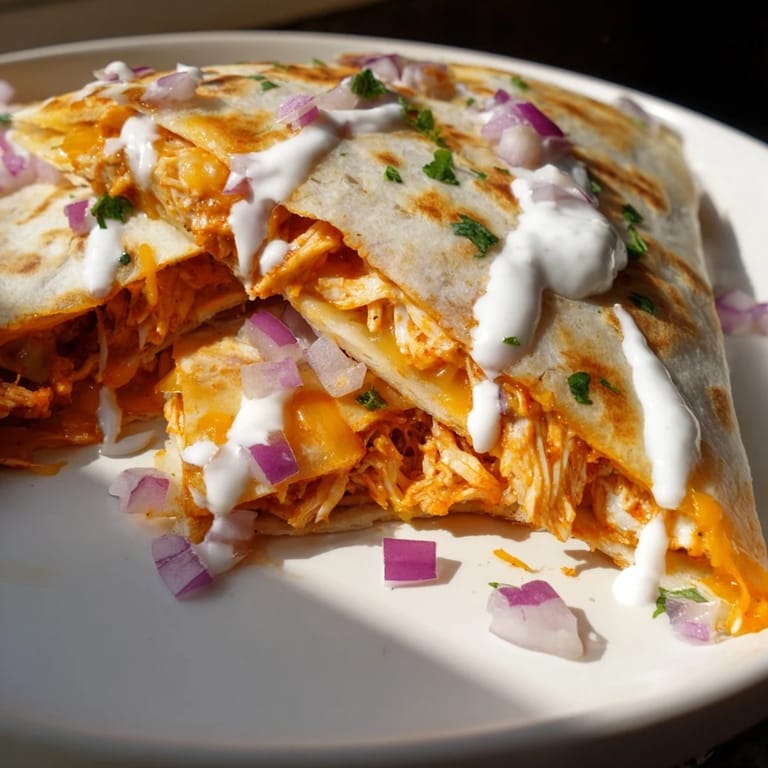 Crispy flour tortillas enclose a flavorful Buffalo Chicken Quesadilla, filled with chicken, cheese, and onions.