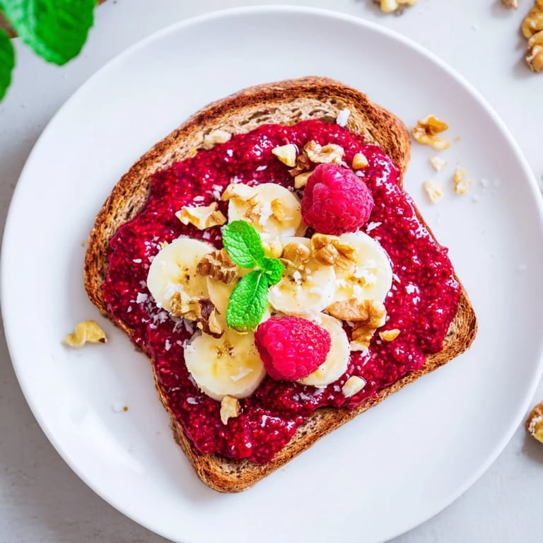 Close-up of a beautiful raspberry chia jam toast, showcasing a naturally sweet, colorful, breakfast treat.
