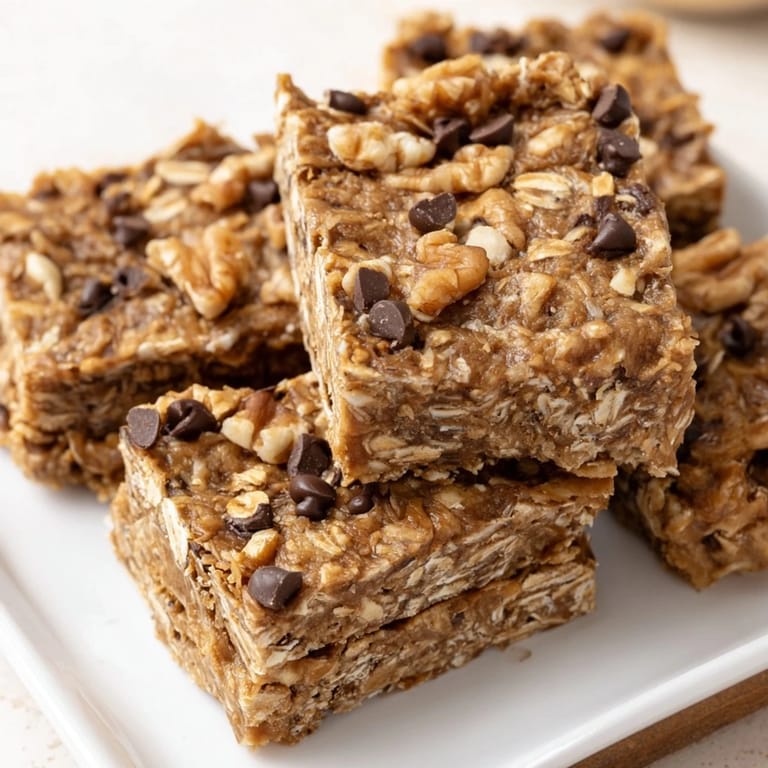 Golden, chewy Peanut Butter Banana Oat Bars, studded with chocolate chips and ready to eat.