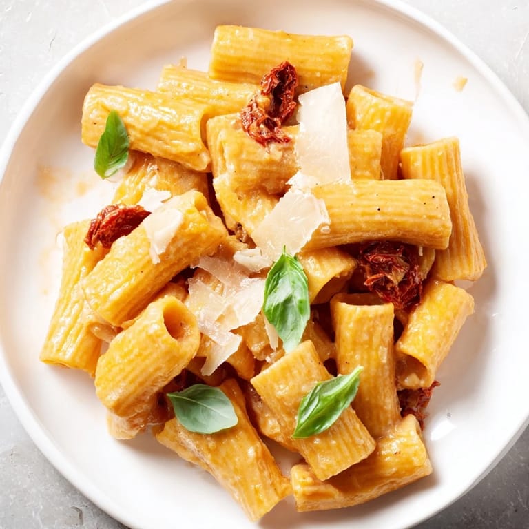 Fresh basil garnishes a plate of the simple, yet elegant creamy sun-dried tomato pasta.