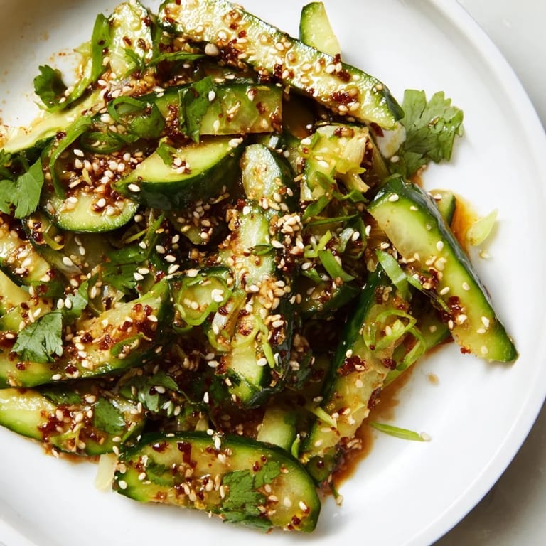 This Zesty Shake Cucumber Salad features glistening cucumber slices and a sprinkle of sesame seeds.