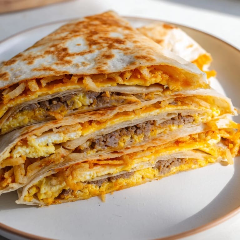 See the satisfying, crispy exterior of this homemade Breakfast Crunchwrap Hack, ready for a delicious breakfast.