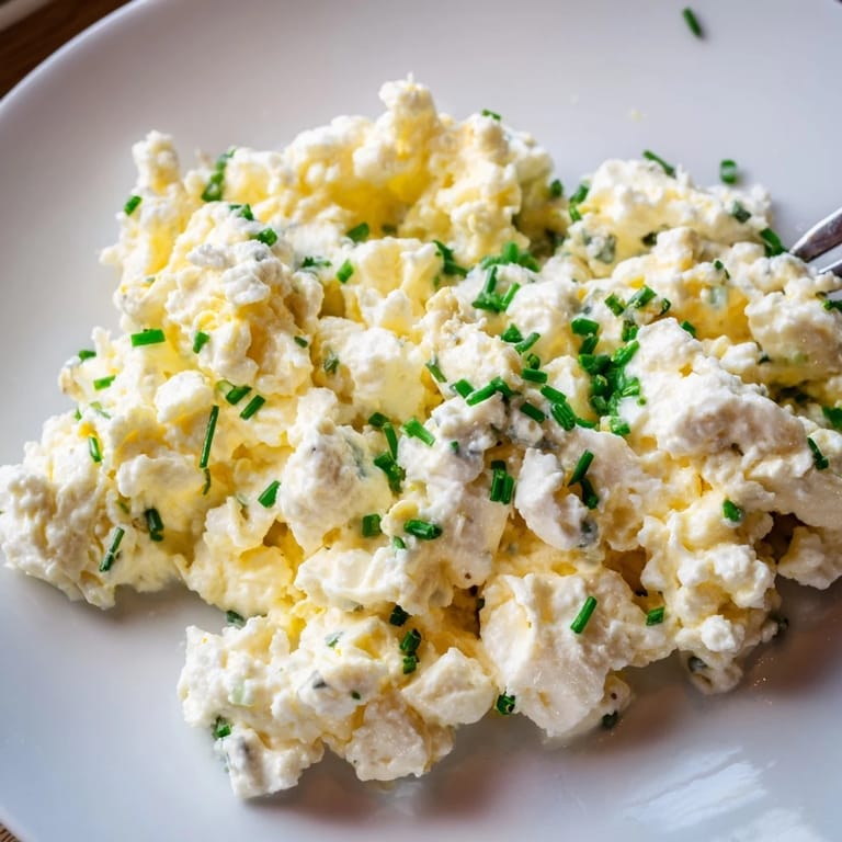 Creamy Cottage Cheese Scrambled Eggs, cooked to perfection, perfect for a protein-rich brunch.