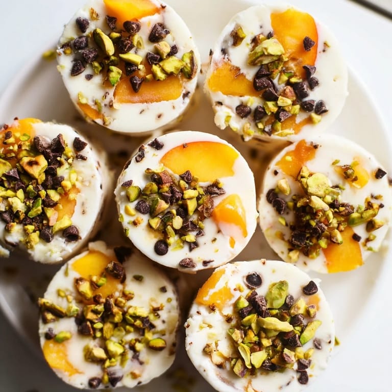 Close-up of a delightful plate of frozen peach yogurt bites, ready to enjoy with a burst of peach flavor.