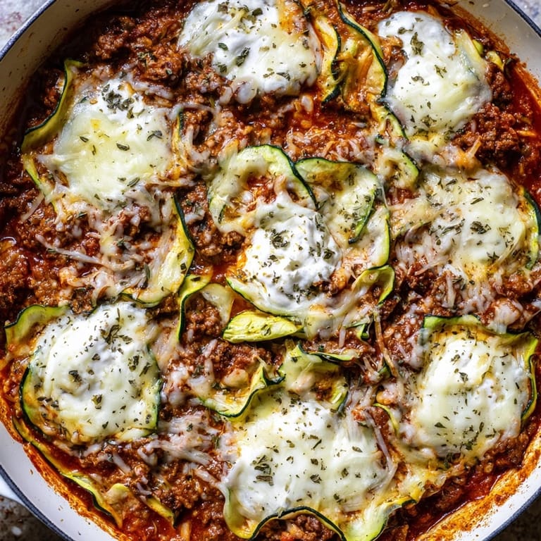 A hearty, one-pan Zucchini Lasagna Skillet with layers of tender zucchini and a rich tomato sauce.