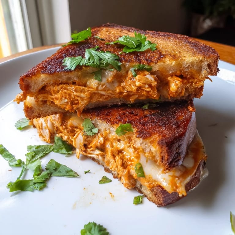 A close-up of a delightful butter chicken grilled cheese, melty cheese and tender chicken visible.