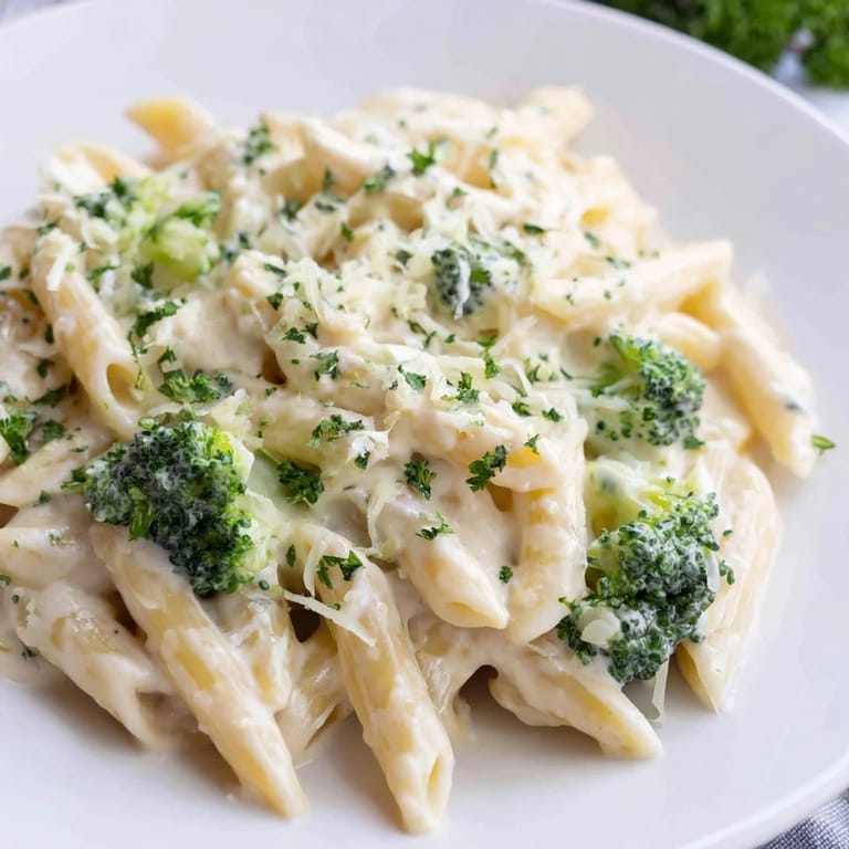 This vibrant photo shows creamy cream cheese garlic pasta, dotted with broccoli florets and tempting flavors.