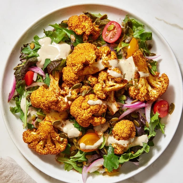 Enjoy this simple yet flavorful Crispy Cauliflower Salad, a vegan delight with tahini sauce and toasted seeds.
