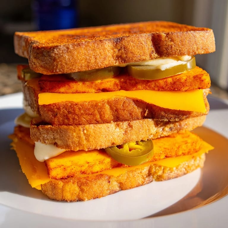 A close-up of a spicy crispy tofu grilled cheese, showcasing the textures from crispy tofu to melted cheese.