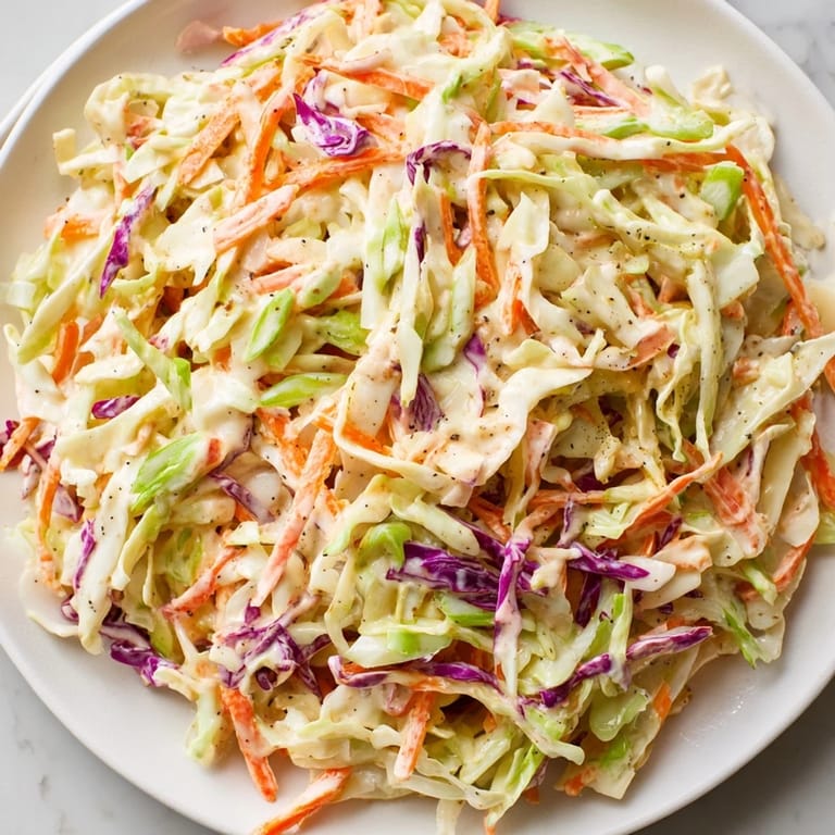This Quick Coleslaw Salad shows shredded cabbage and carrots mixed, ready for a summer barbecue.