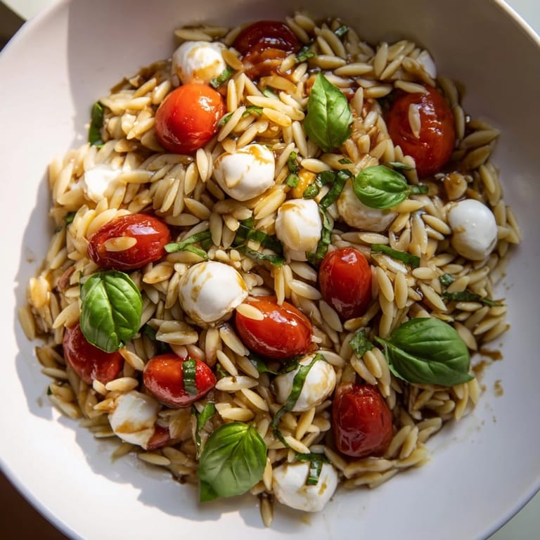 A vibrant bowl of Caprese Orzo Salad featuring glistening orzo and colorful, fresh ingredients.