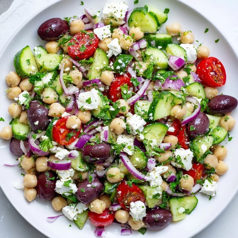 A delicious bowl of Mediterranean chickpea salad, a healthy and flavorful vegetarian dish option.