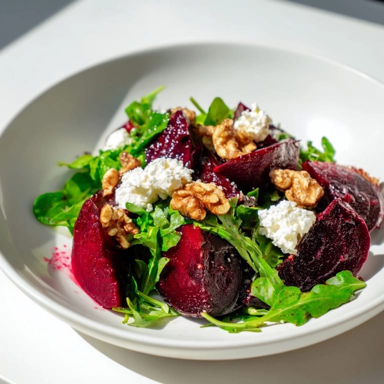 A close-up of a colorful Roasted Beet Walnut Salad, showing sweet beets and candied walnuts.