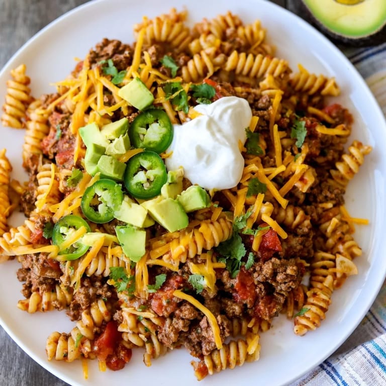 A flavorful Beef Taco Pasta Skillet with ground beef and spices, bubbling and cheesy in its skillet.