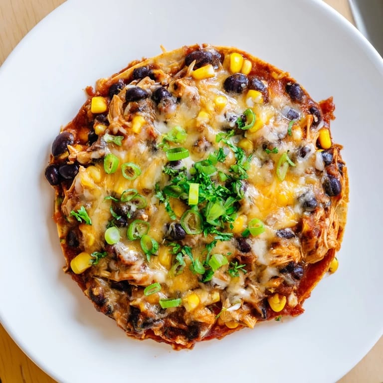 Warm, cheesy Chicken Enchilada Skillet with visible tortilla strips and fresh cilantro for garnish.