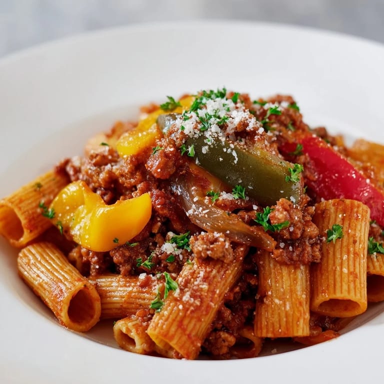 A steaming bowl filled with Sausage and Peppers Pasta, ready to savor a delicious Italian dinner.
