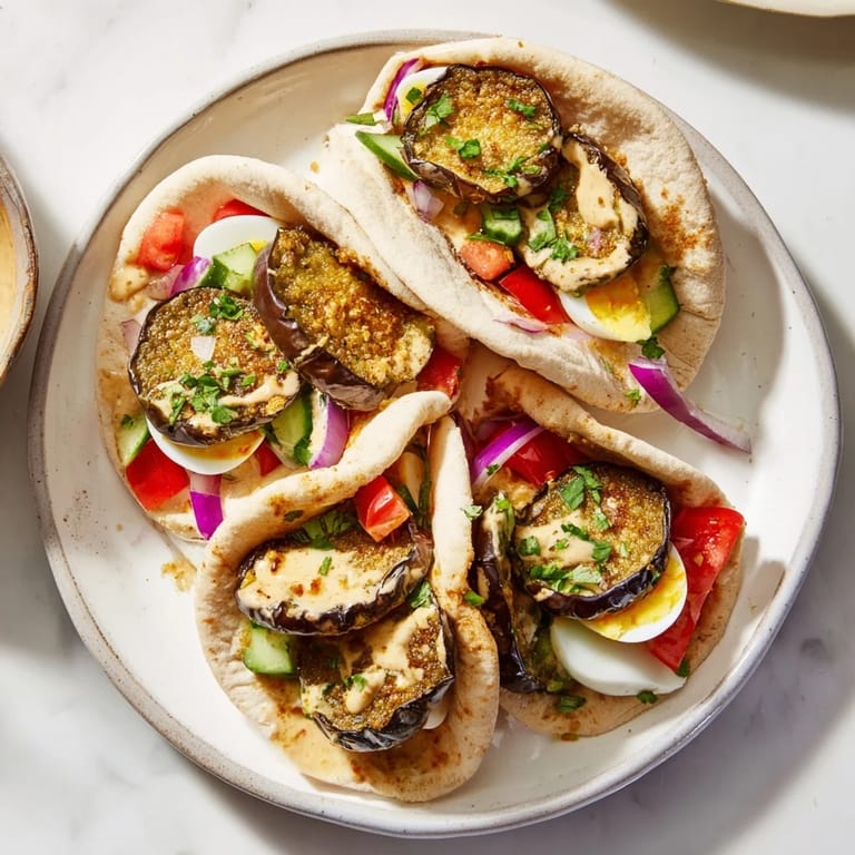 Pita pockets overflowing with fried eggplant and eggs for a hearty Israeli Sabich meal.