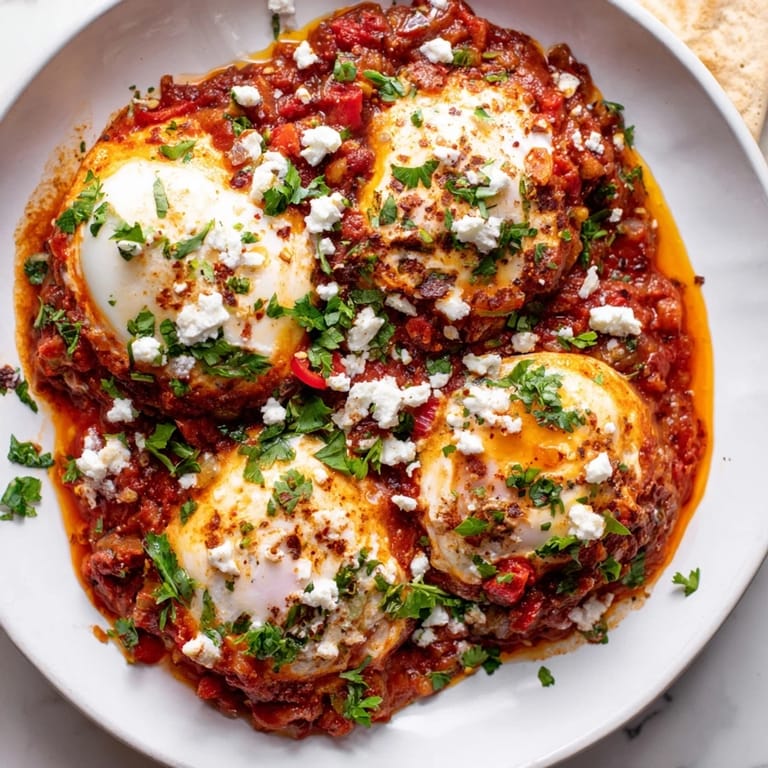 A close-up of Israeli Shakshuka, eggs nestled in a spicy tomato and pepper base, ready to eat!