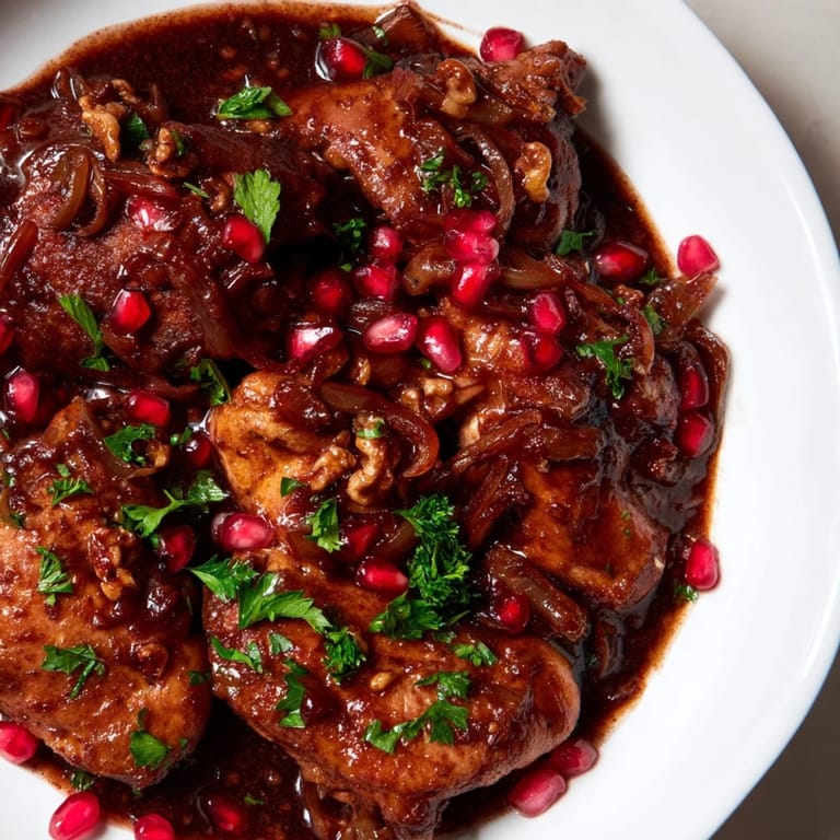 Warm, inviting serving of Iranian Fesenjan stew, garnished with glistening pomegranate seeds.