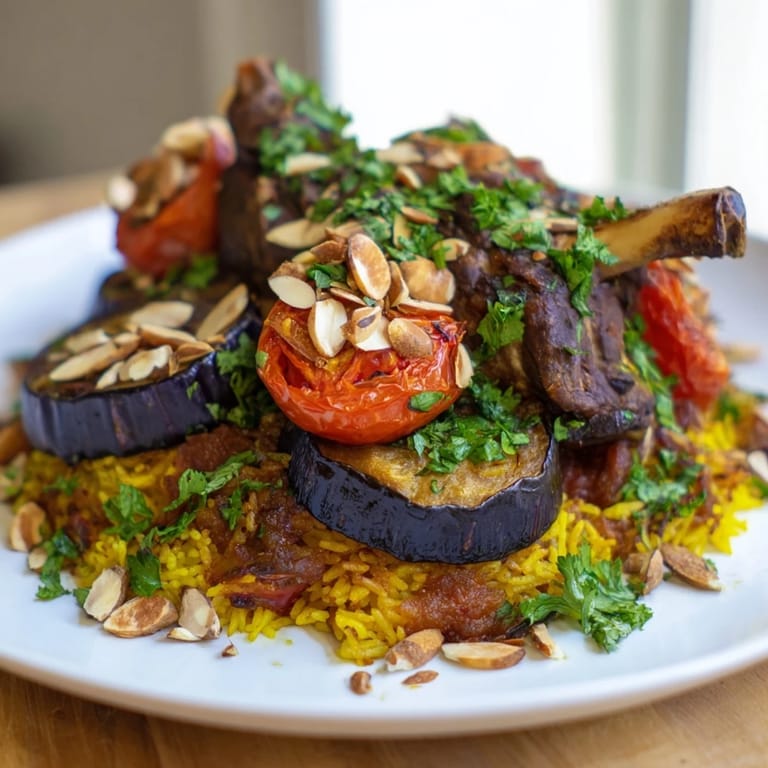 The flipped presentation of Palestinian Maqluba, revealing a fragrant blend of meat, rice, and golden-brown vegetables.