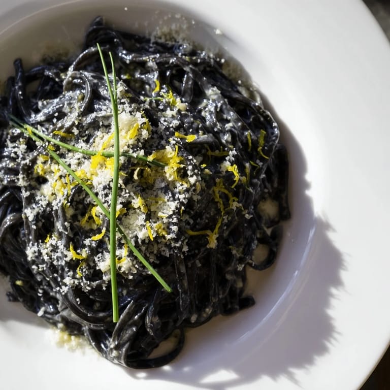 Luxurious black Squid Ink Pasta tossed in a silky lemon-cream sauce, ready to serve with lemon wedges and parsley garnish.