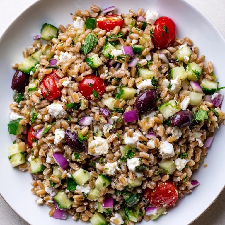 Hearty Farro Salad Mediterranean tossed with fresh herbs, cherry tomatoes, and cucumbers, ready to serve as a light lunch or refreshing side.