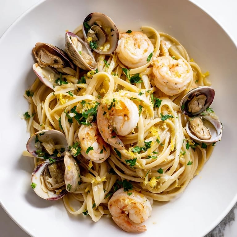 A close-up of Seafood Linguine with shrimp, clams, and mussels glistening in a white wine garlic sauce, garnished with fresh parsley.
