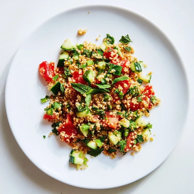 A close-up of chilled Tabbouleh, the fluffy bulgur wheat tossed with crisp cucumber, mint, and a zesty lemon dressing.