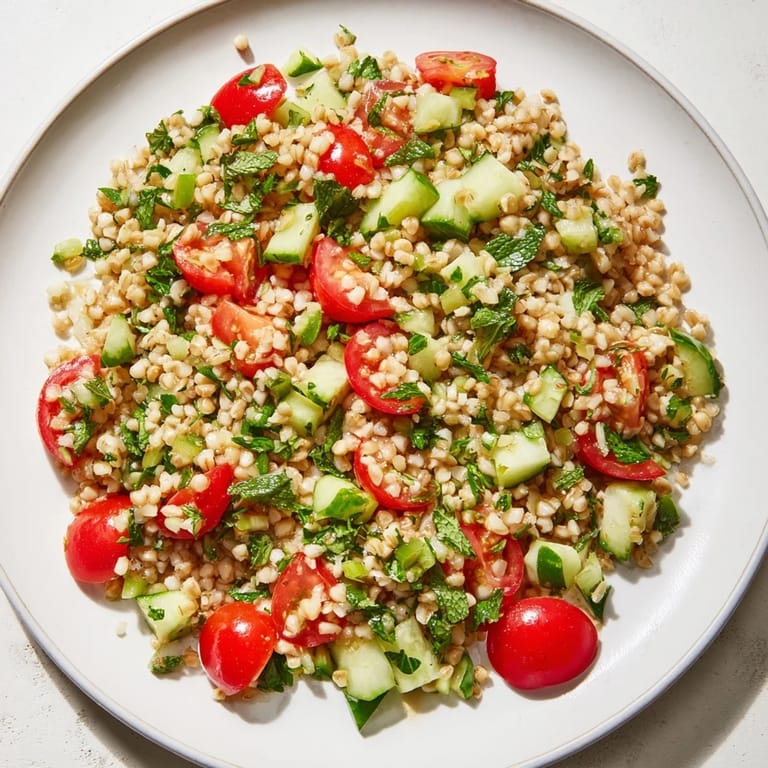 Ready to serve Middle Eastern Bulgur Wheat Salad Tabbouleh, garnished with scallions and a light drizzle of olive oil.