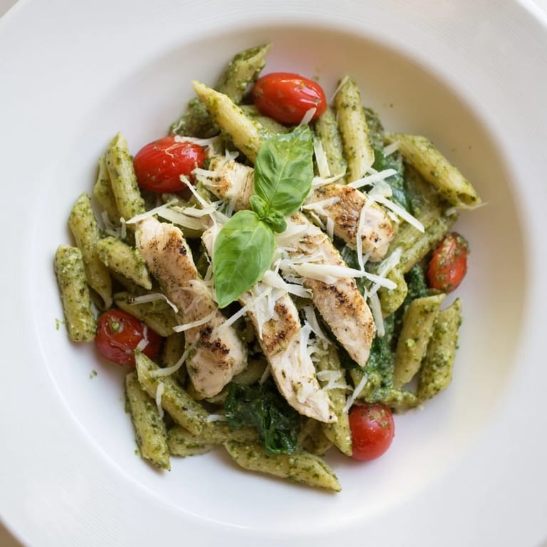 A rustic wooden serving bowl filled with vibrant pesto chicken pasta, featuring juicy chicken and halved cherry tomatoes for a weeknight dinner.