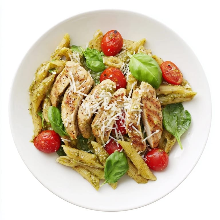 A close-up of pesto chicken pasta shows al dente penne tossed in basil pesto, with melted Parmesan and wilted spinach.