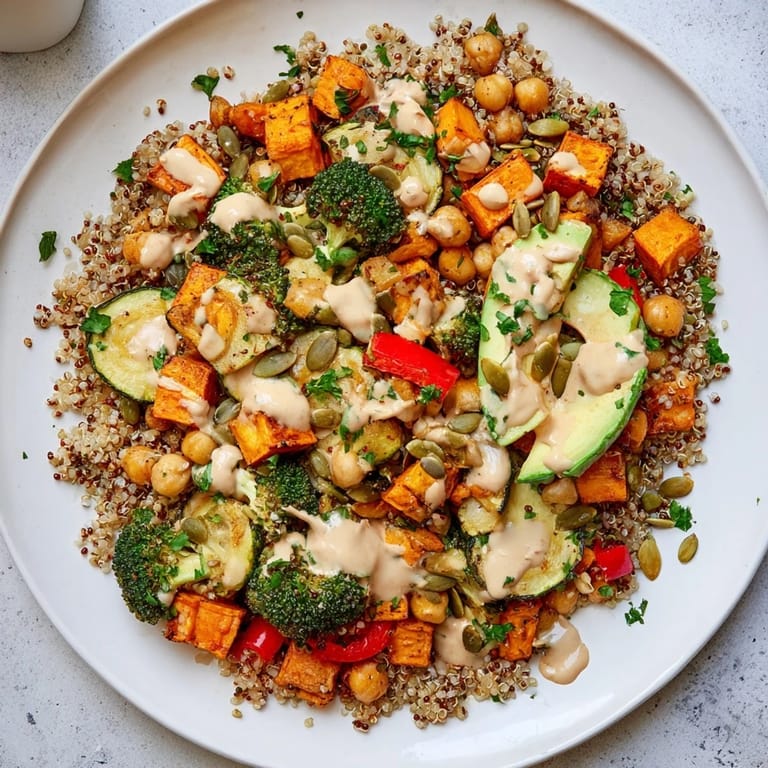 Colorful Quinoa Buddha Bowl featuring caramelized bell peppers, zucchini, and chickpeas, generously topped with smooth lemon-tahini dressing.