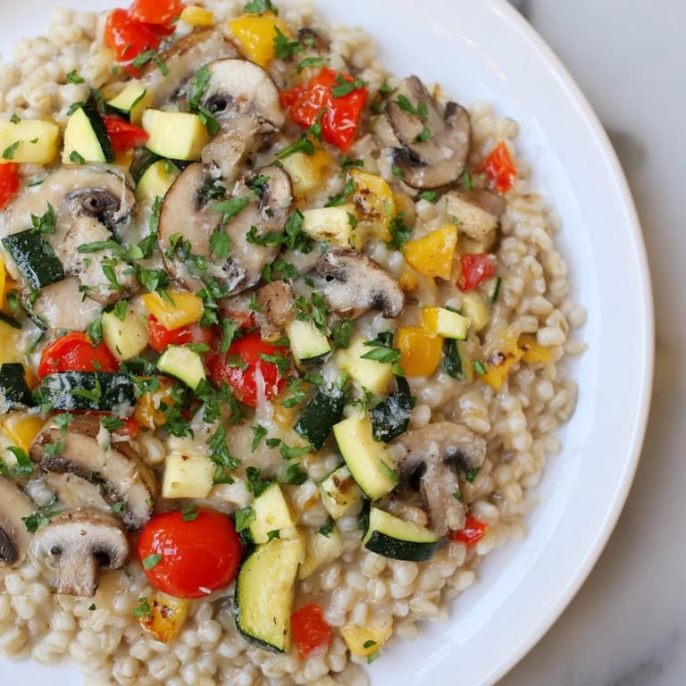 Golden roasted vegetables add savory depth to this comforting, nutty pearled barley bowl, perfect for a hearty dinner.