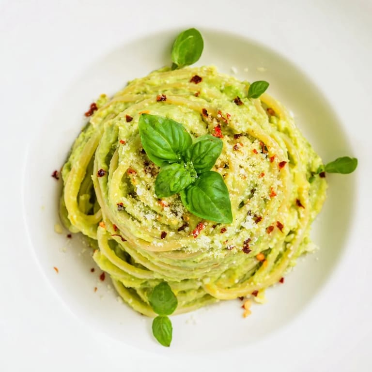 Vibrant green avocado pasta in a white bowl with chili flakes and Parmesan.  