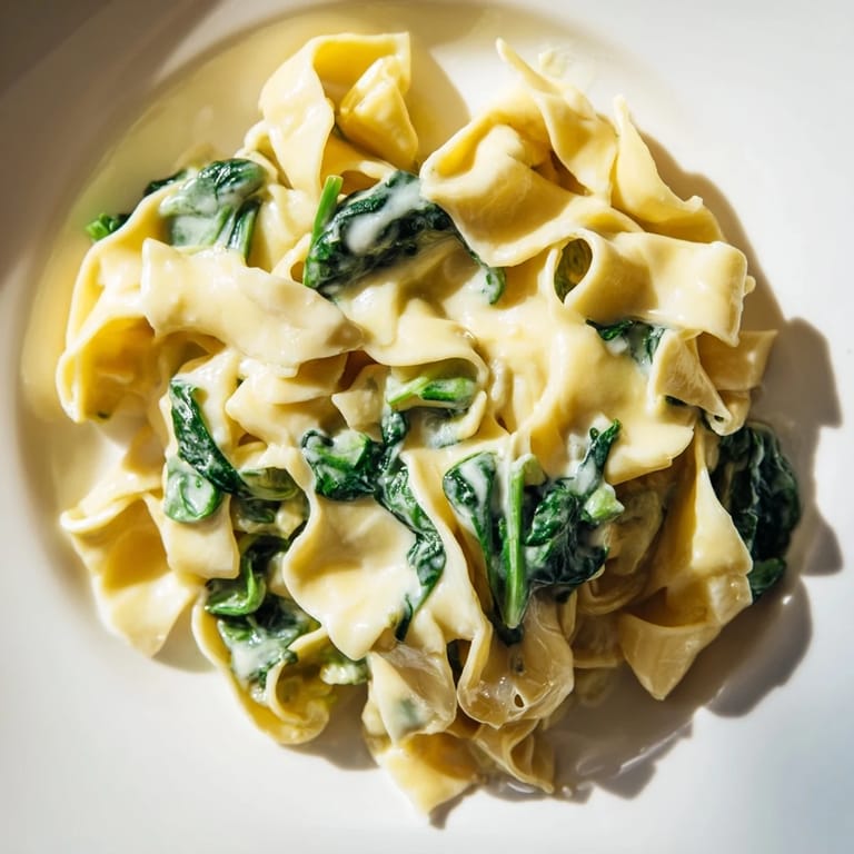 Creamy Spinach Garlic Noodles served warm in a skillet, highlighting tender noodles coated in rich sauce and vibrant green spinach leaves.