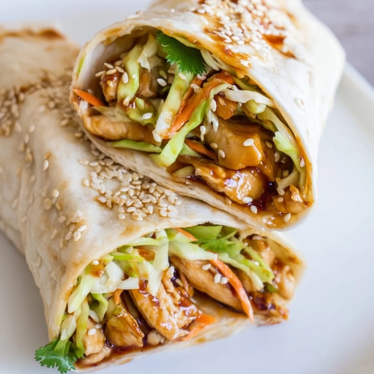 Savory Teriyaki Chicken Wrap garnished with sesame seeds and cilantro, served warm with vibrant orange carrots and green cabbage.
