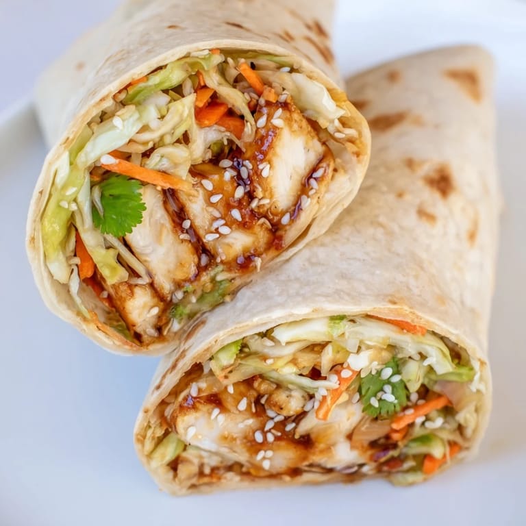 Easy homemade Teriyaki Chicken Wrap featuring juicy chicken, fresh veggies, and a glossy teriyaki glaze in a rolled tortilla.